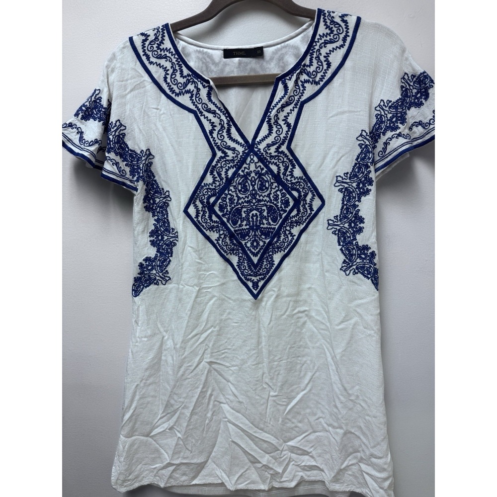 Boutique THML Embroidered Tunic Lined Dress In Blue And White Women's Size Small